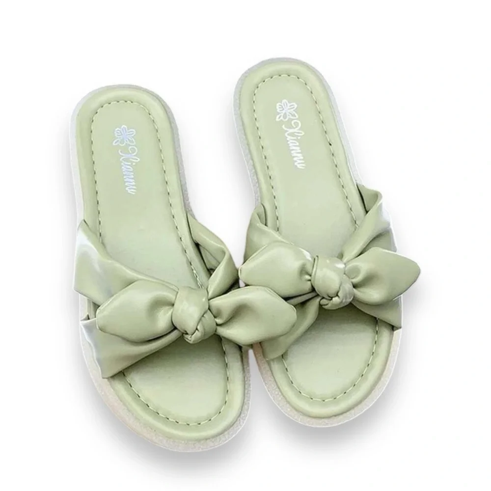 NWOT Pistachio Green Faux Leather Bow Knot Strap Flat Slide Sandals, Size 9 - Picture 1 of 6